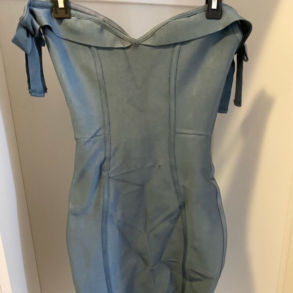 House Of CB: Solaine Slate Blue Sweetheart off the Shoulder Bandage Dress - Picture 4 of 4